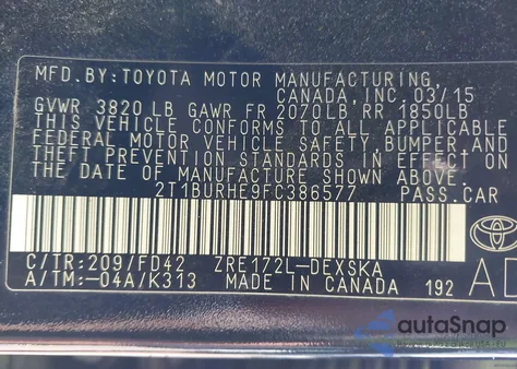 2015 Toyota Corolla S Plus from USA, damaged, VIN 2T1BURHE9FC386577